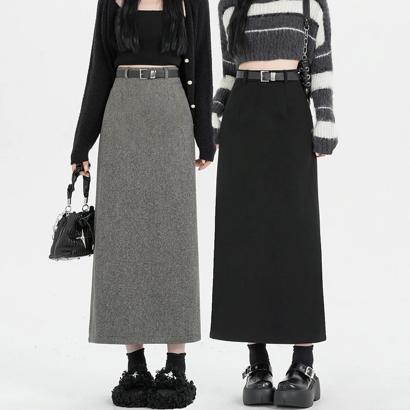 

Женские винтажные юбки, модная однотонная прямая шерстяная юбка с высокой талией и разрезом, корейская базовая черная, серая длинная юбка, осень-зима, новинка