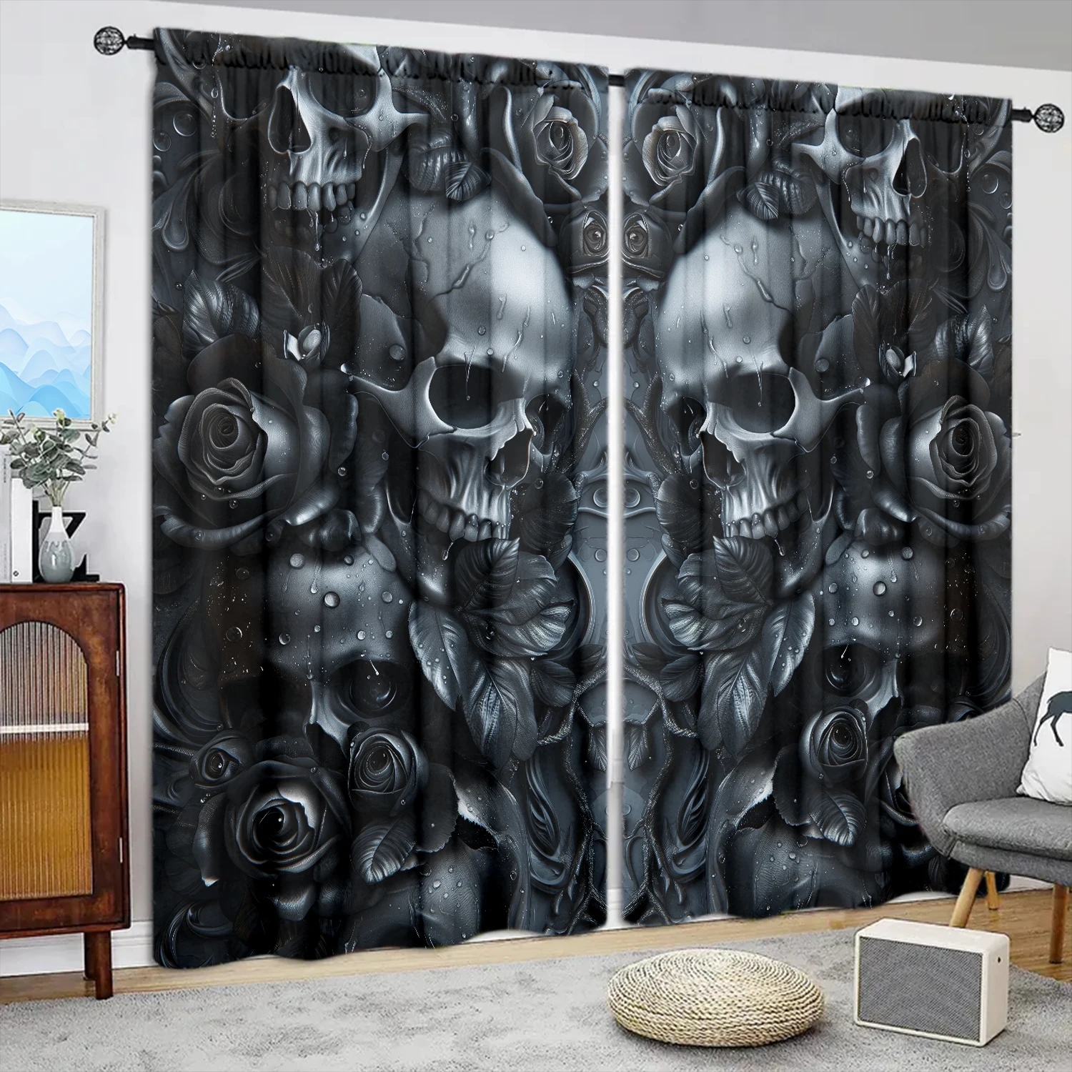 2pcs Terrifying Black Skull and Rose Printed Curtain for Halloween Home Decor - Rod Pocket Window Treatment for Bedroom, Office,