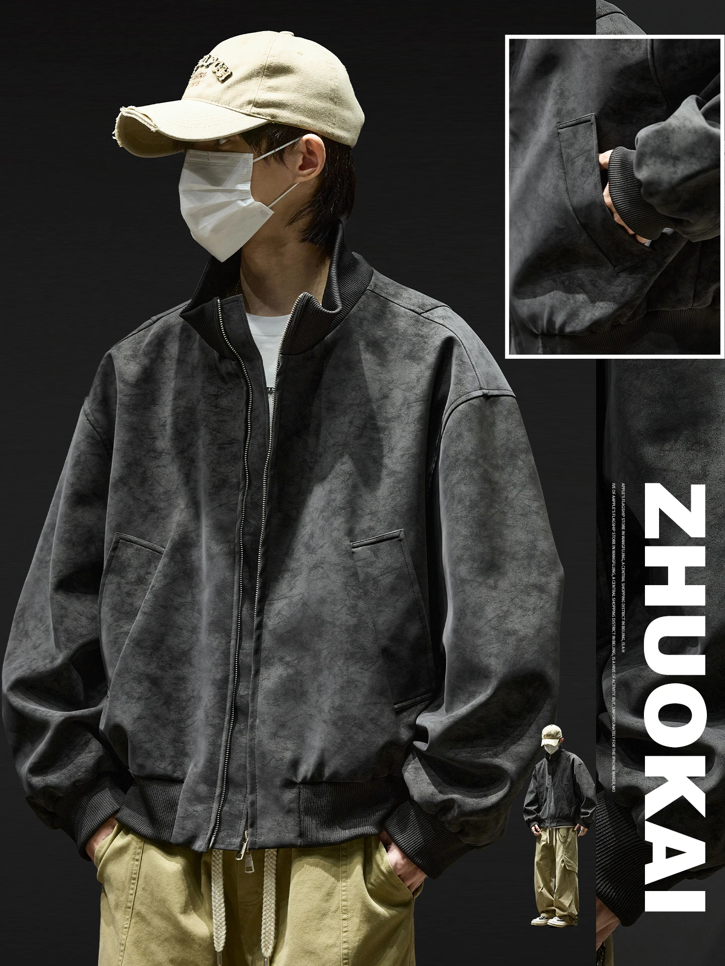 

Men's Suede ort Jaet Autumn Winter Casual Sle Zipper Closure Pure Color Stand Collar Retro American Sle Leisure Coat