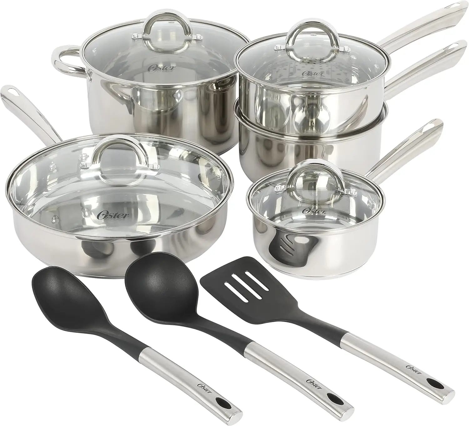 

12-Piece Stainless Steel Cookware Set with Non-Stick Pots, Pans, and Kitchen Tools for Home Cooking
