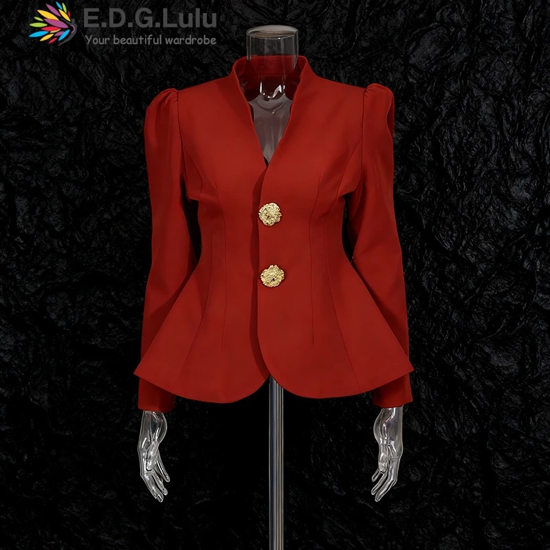 EDGLuLu Korean Fashion Women's Two Pieces Set V-Neck Long Sleeved Suit Jacket+Straight Leg Pants Red Suit 1205