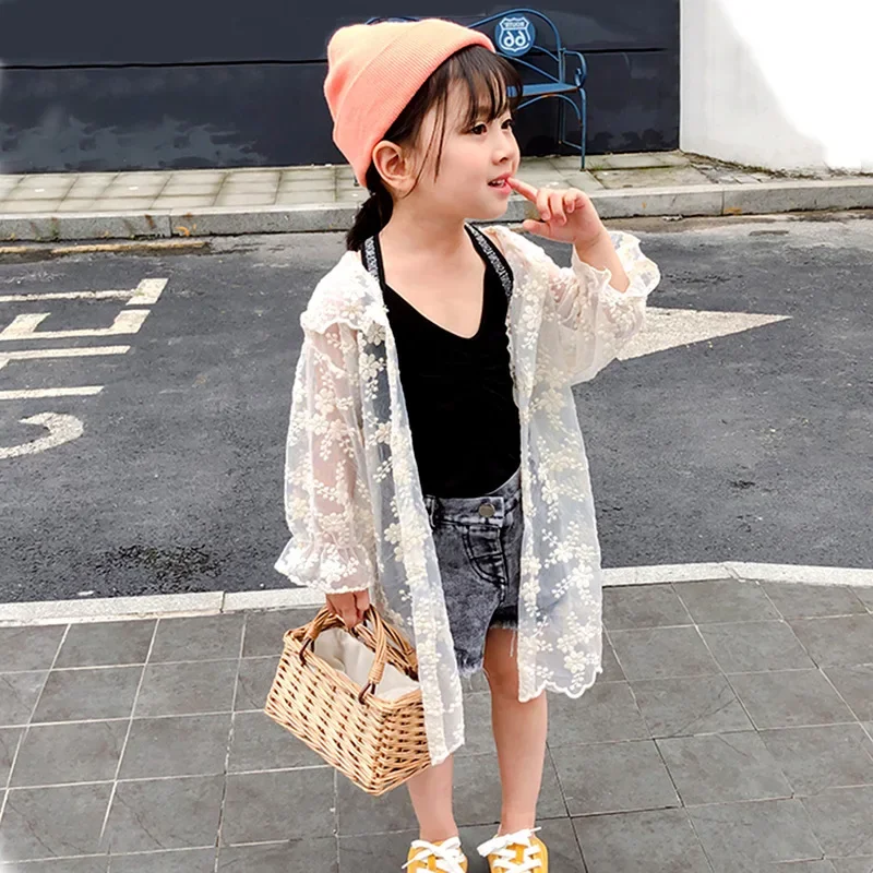 New Fashion Lightweight Kids Sun Suit Lovely Tops Summer Floral Embroidery Lovely Girls Coats Baby Jackets 1-10 Years