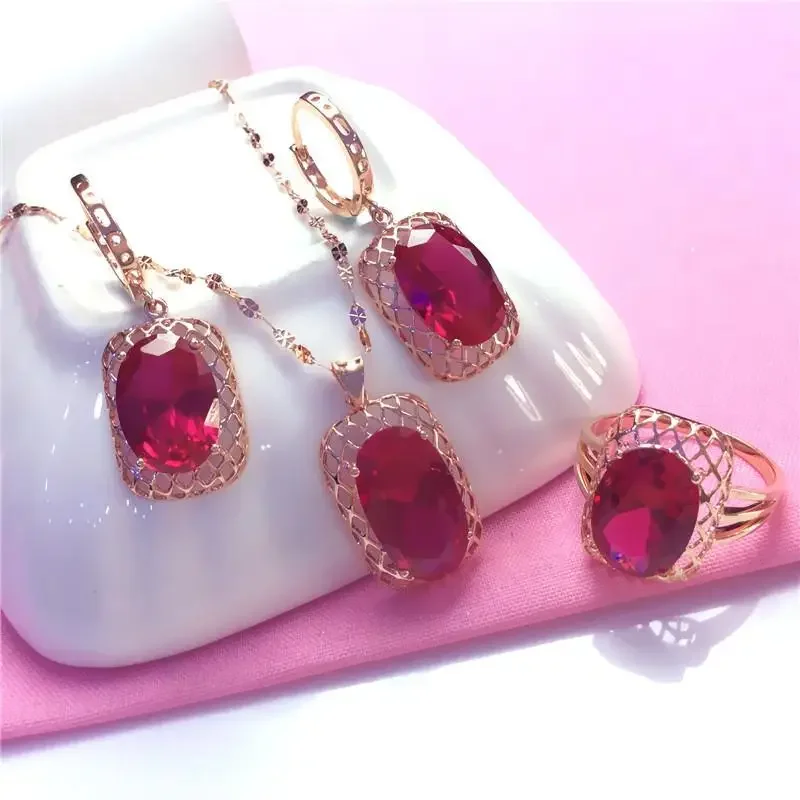 Ruby jewelry sets Court Style 585 Purple Gold 14K Rose Gold necklaces New Charm Classic Ladies Wedding rings earrings for women