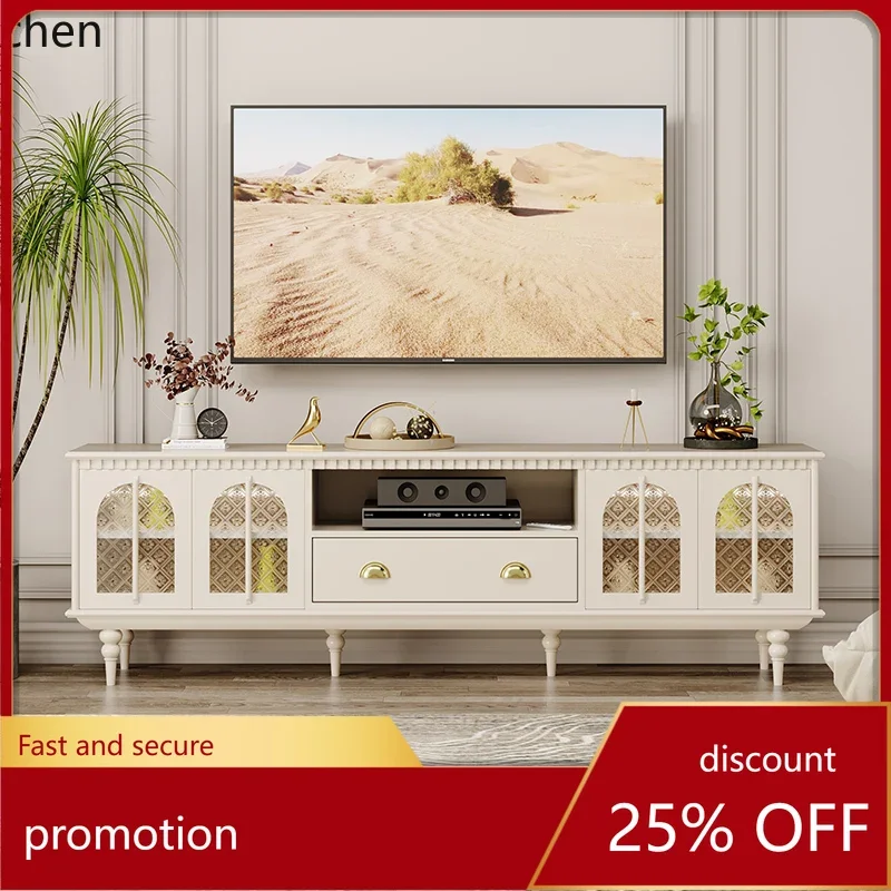 W5.19  Cream Wind TV Cabinet Living Room Glass Door Sensor Light Luxury Wind Solid Wood Floor Cabinet