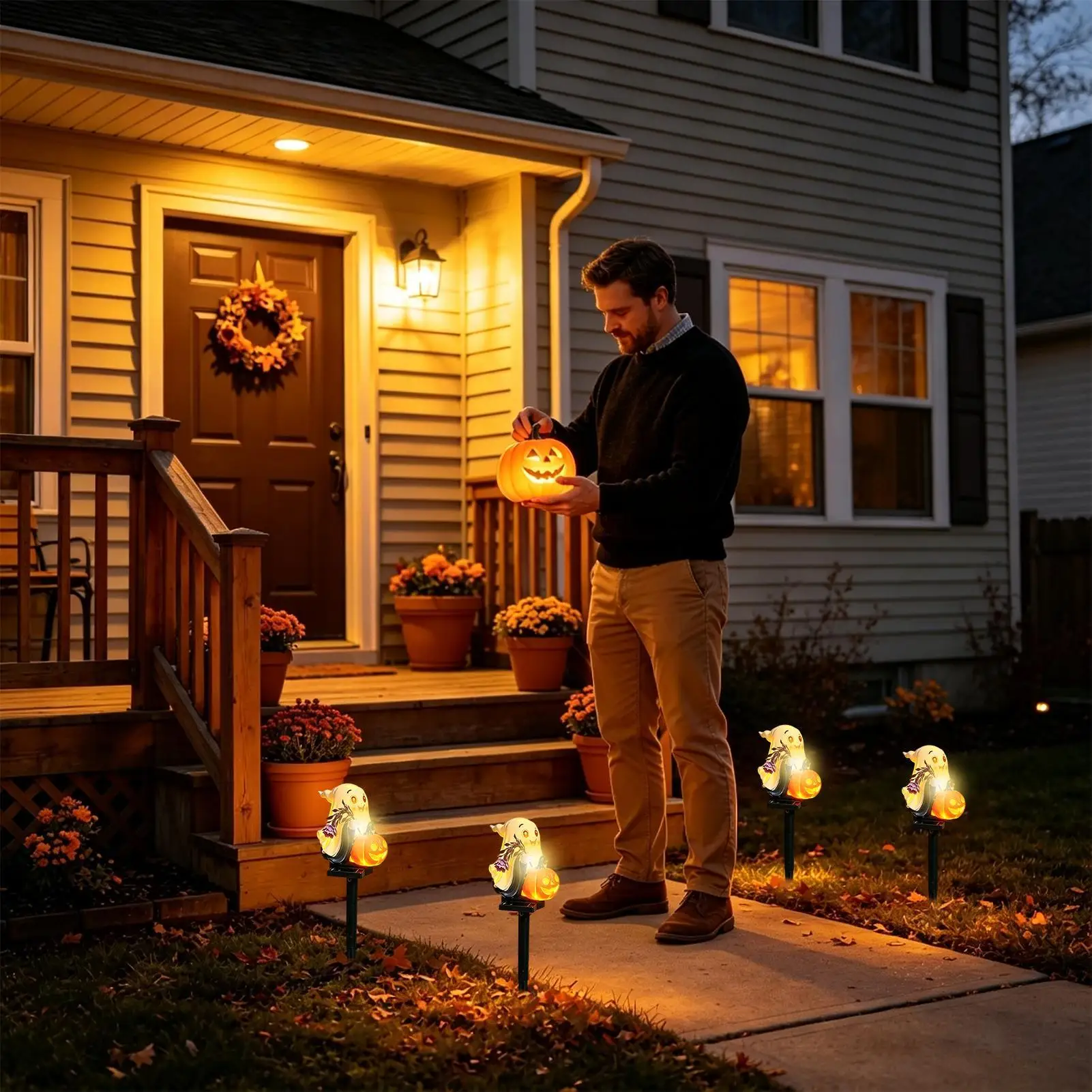 Solar Halloween Lights Waterproof Resin Figurine Sculpture Solar Ghost Pumpkin Garden Stake Light For Garden Courtyard Patio