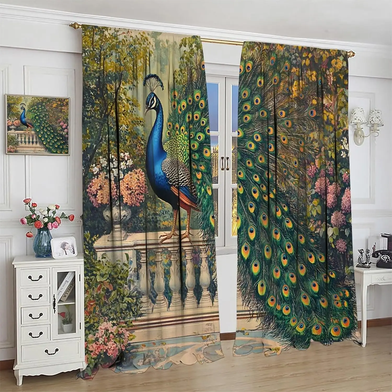 Country Farmhouse Peacock Curtains, Abstract Garden Animals Plants Peacock Flowers Window Drapes, for Living Room Bedroom