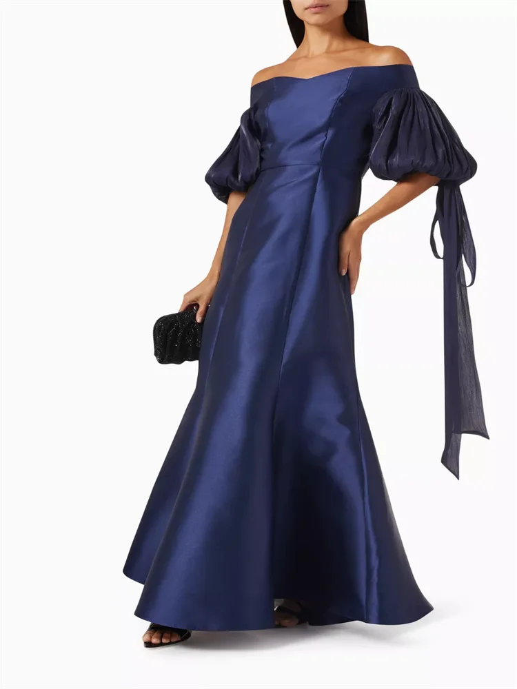 New Product Off Shoulder Neck Elongated Ties Cuffs Mermaid Satin Evening Dress Back Zipper With Bow Floor Length Gown for Women