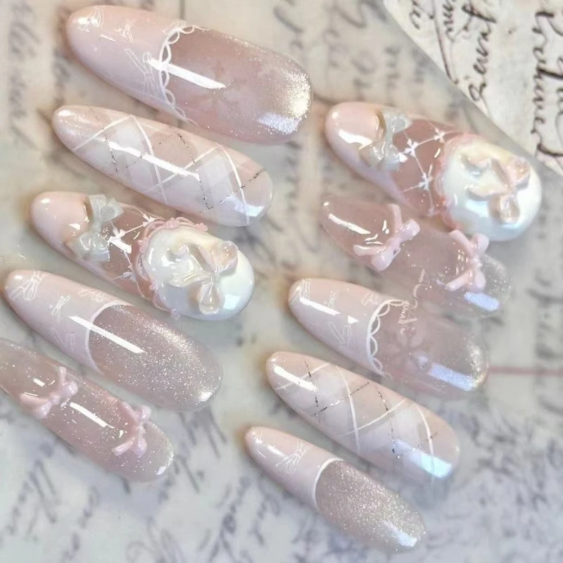 Uñas postizas de lujo hechas a mano, largas, en forma de ataúd, ojo de gato, francesas, con moño coqueto, estrella, diamante y perlas, dulces y reutilizables 3