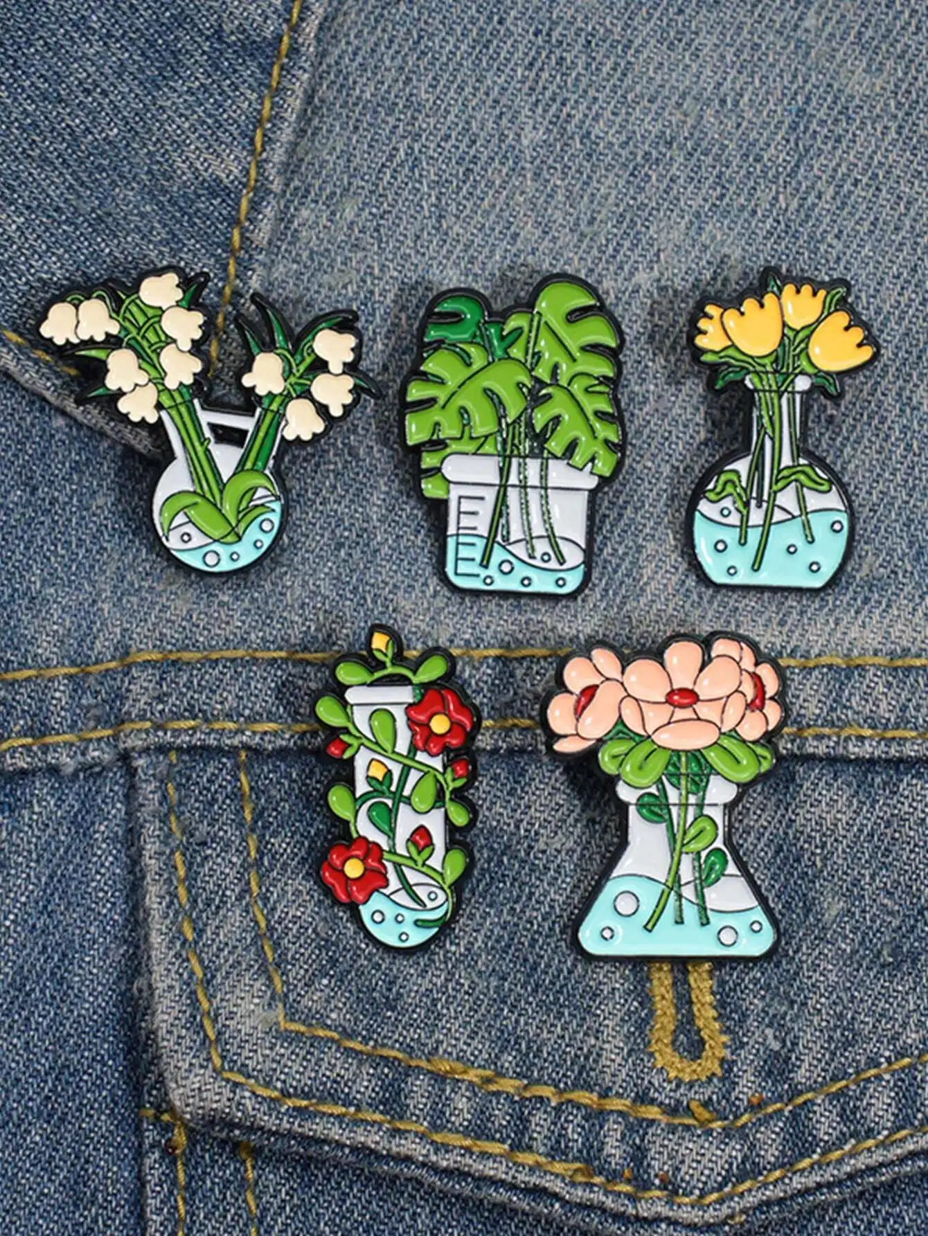 QIHOO 5pcs Cartoon Green Potted Plant Brooch Customized Floral Micro Landscape Cactus Aloe Vera Enamel Pin Women's Bag Shirt Badge Lapel Pin Jewelry Gift