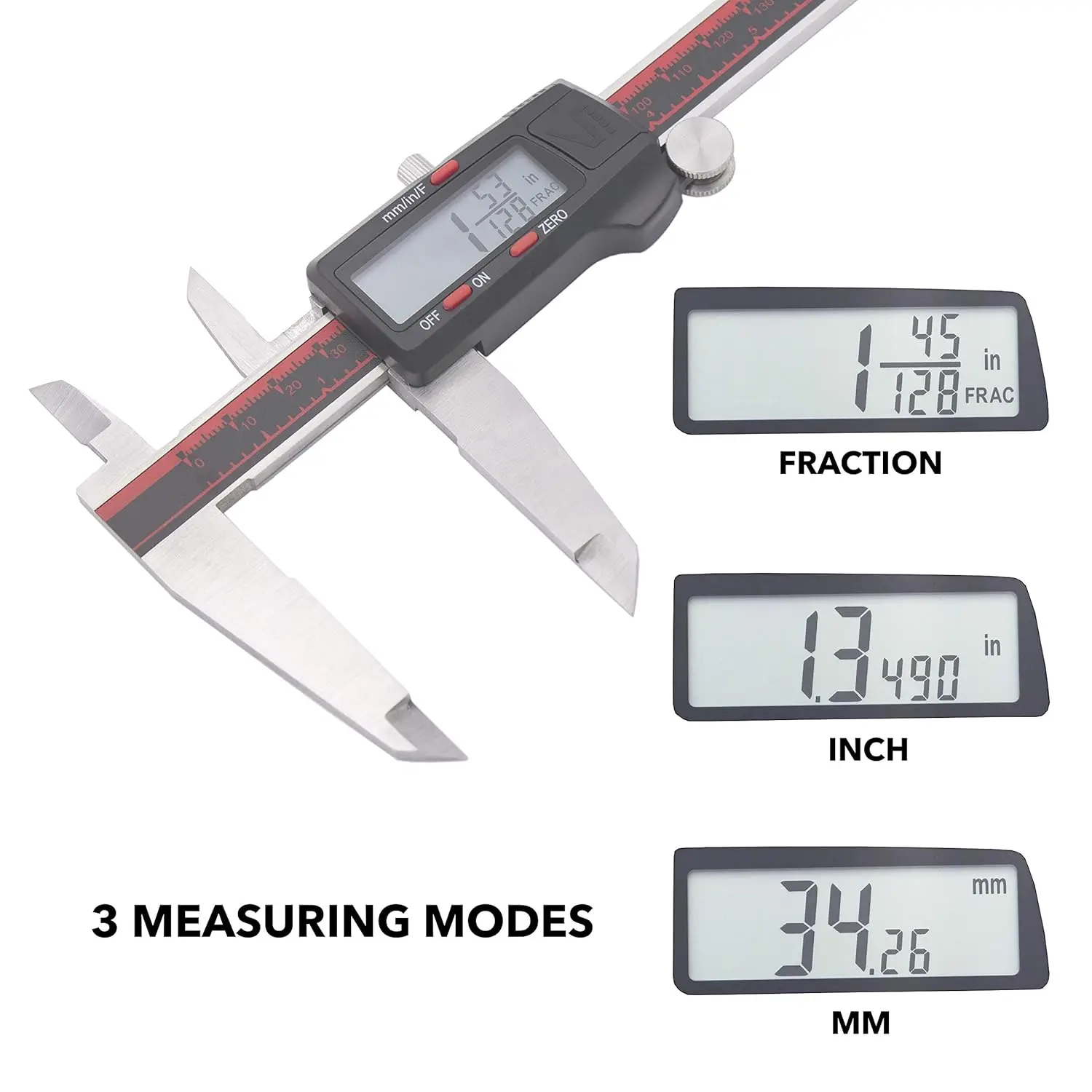 Digital Caliper, DCLA-1205 0-12 Inch/300mm, Inch/Millimeter/Fraction Conversion, Stainless Steel, Large LCD Screen