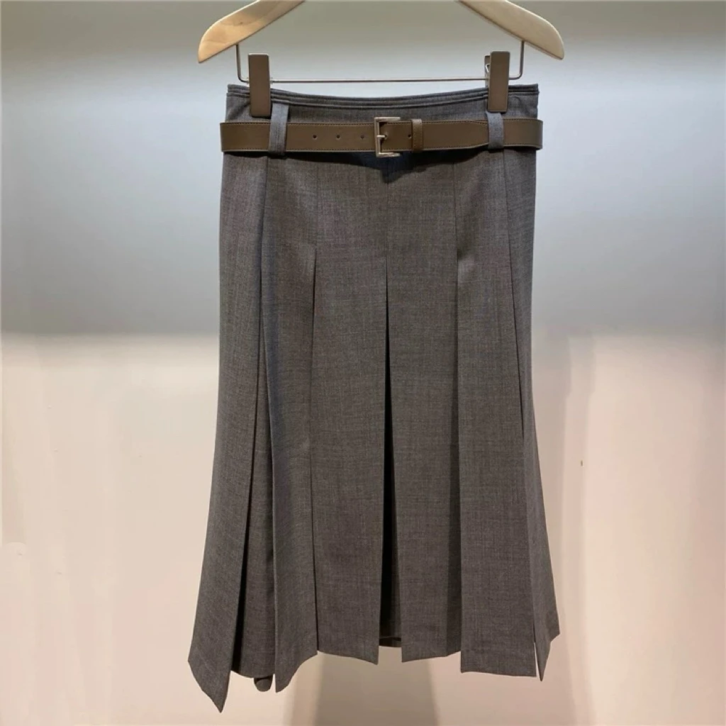 กระโปรงผ้าวูลลำลอง เอวสูง จีบพลีท สไตล์เกาหลี สำหรับผู้หญิง แฟชั่นฤดูใบไม้ผลิ 2025 ทรงเอ หลวม สไตล์เกาหลี