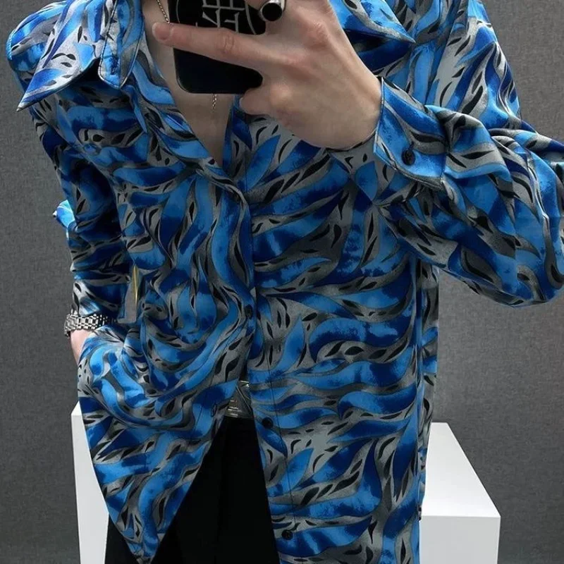 Men Trendy Long Sleeve Ice Silk Floral Shirt Ins Design Large Pointed Collar Shoulder Pad Drape Striped Printed