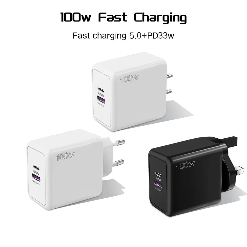 100W PD USB C Charger 2 Ports Quick Charging Power Adaptor US/EU/UK Plug Mobile Phone Charger for iPhone Huawei Samsung Xiaomi