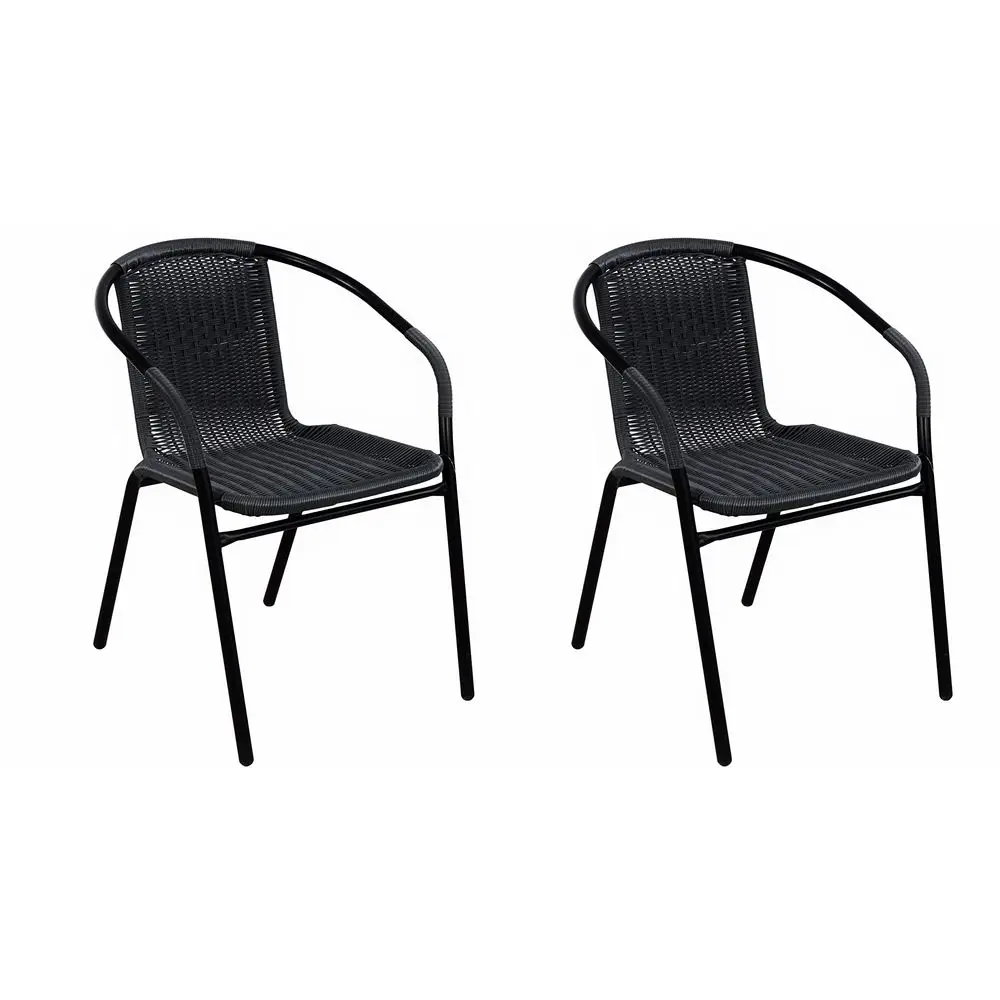 

Indoor Outdoor Set of Two 2 Black Patio Backyard Bistro Restaurant Chairs Rattan Stackable Cafe Arm Chairs