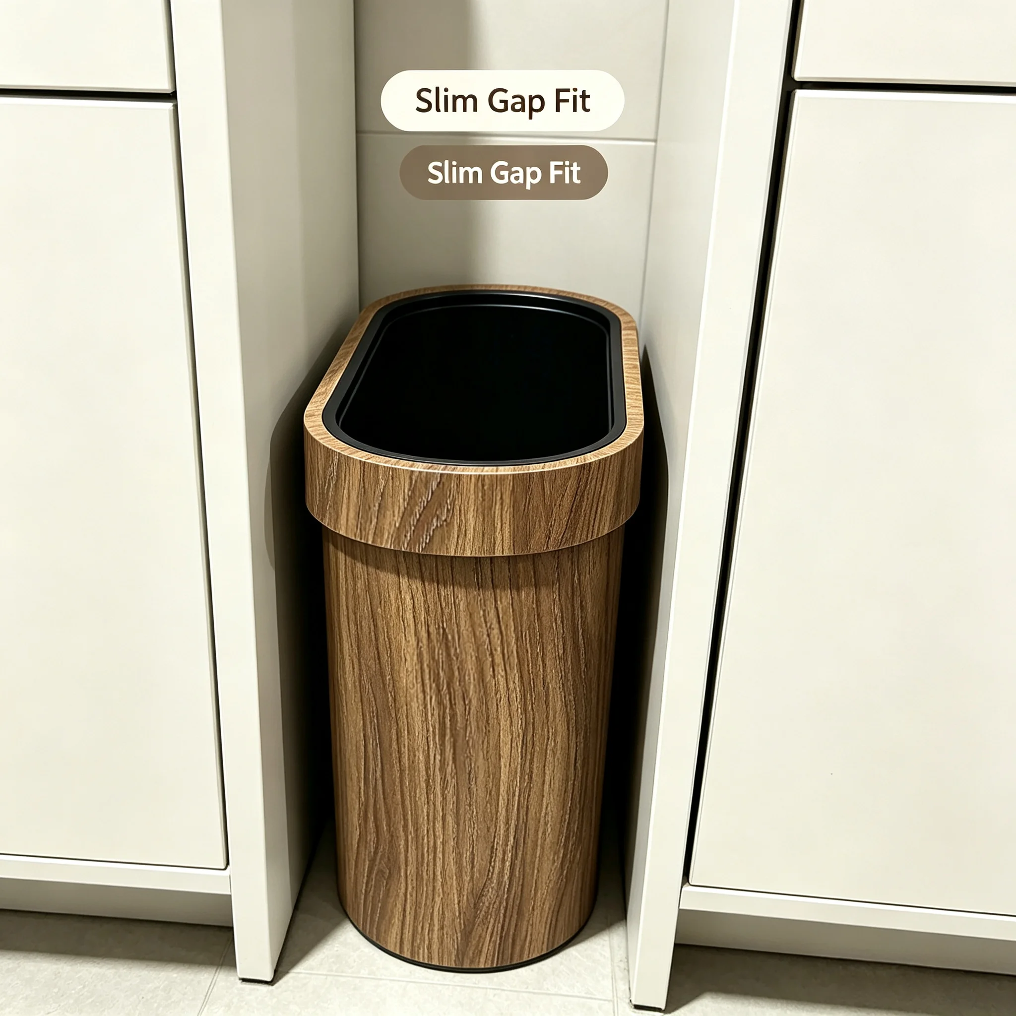 Slim Wood‑Grain Plastic Trash Can, Open‑Top Narrow Oval Waste Basket for Small Gap, Bathroom Kitchen Office Waste Bin