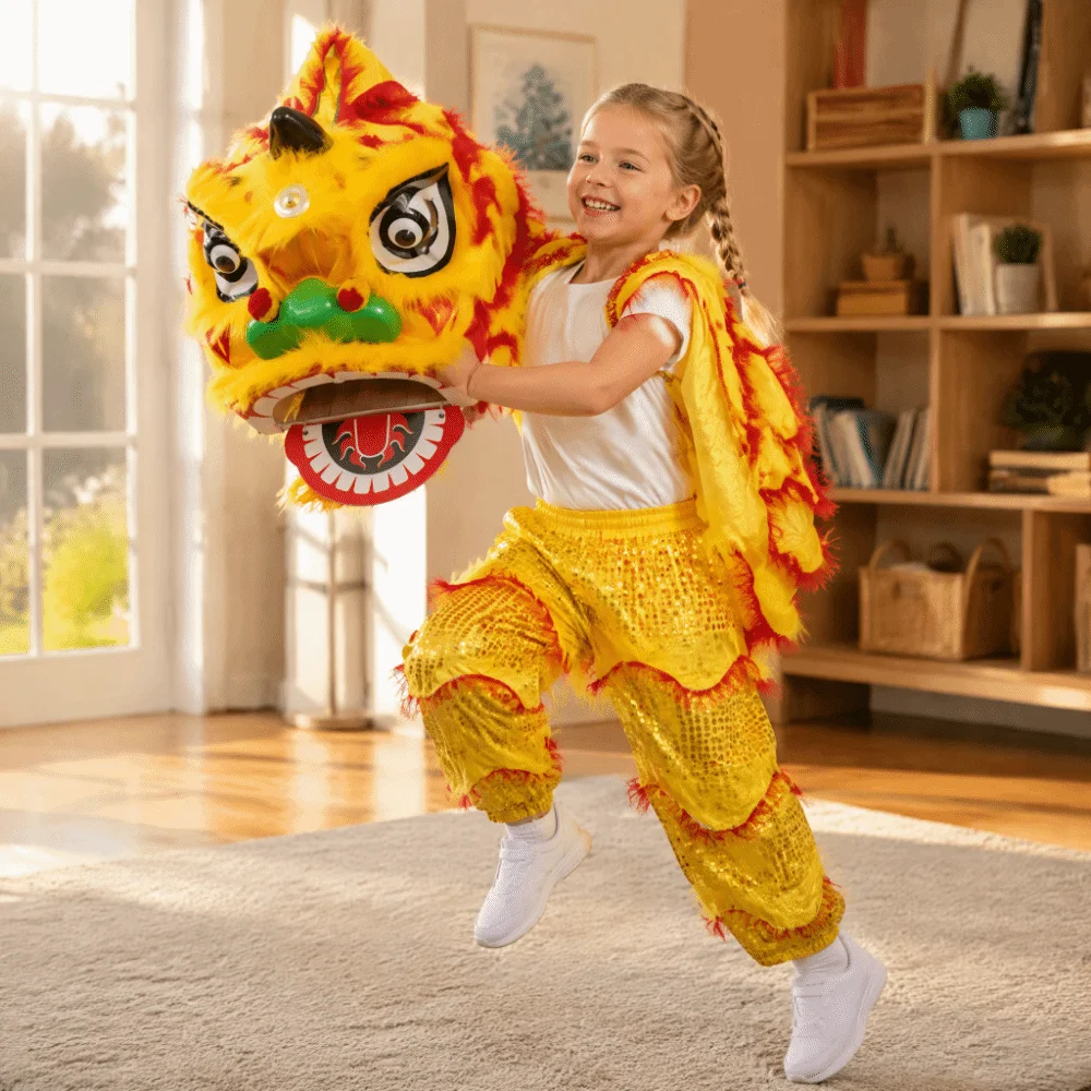 Folk Event Handmade Lion Dance Pants Foam Head Artificial Fur Lion Dance Set 2-16 Age 6/9 Inch Mascot Costume Stage