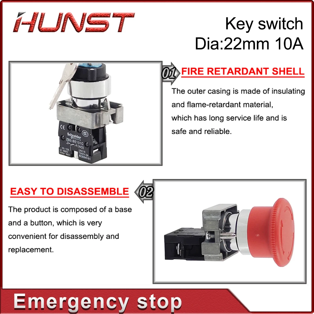 Hunst Emergency Stop Button NC Key Switch NO AC15 10A for CO2 Laser Engraving Cutting Machine