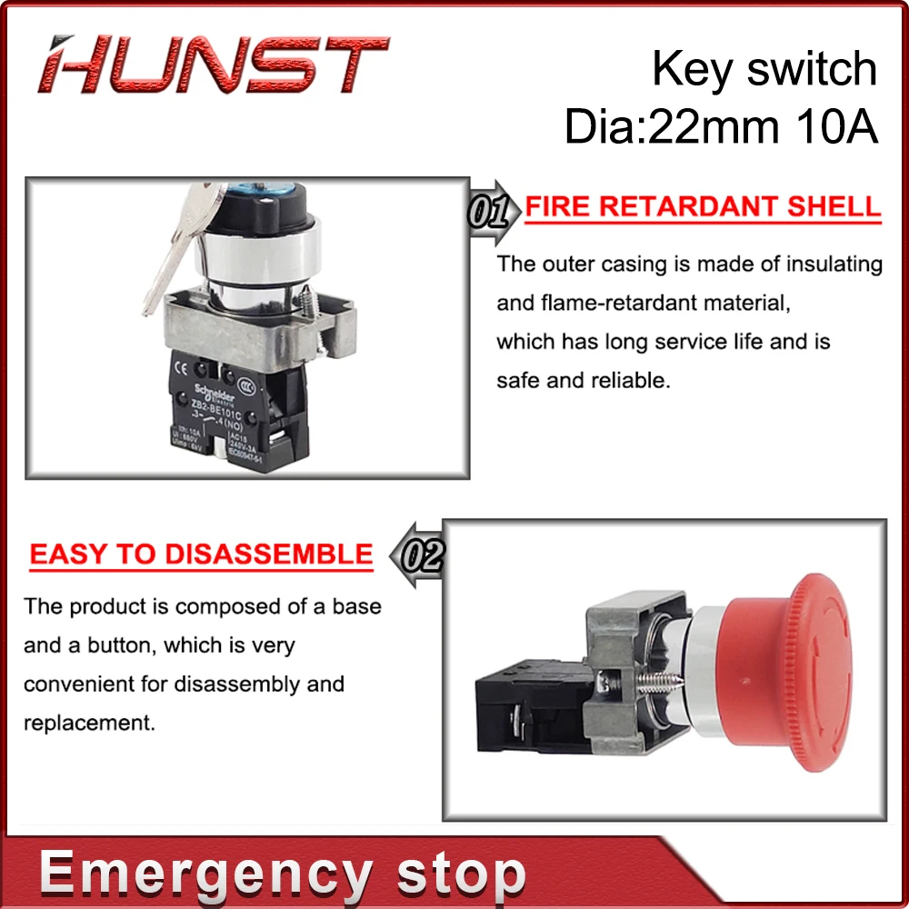 Imagem -04 - Hunst Botão de Parada de Emergência Interruptor Chave nc Co2 Gravura a Laser Máquina de Corte Não Ac15 10a