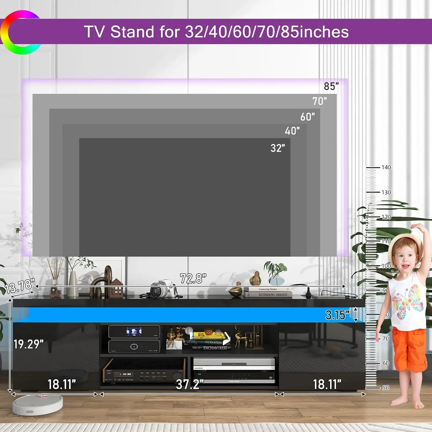 USA Stock LED TV Stand for 85 Inch TV, Modern TV Stand with Power Outlet, High Gloss TV Console with Storage and LED Lights for