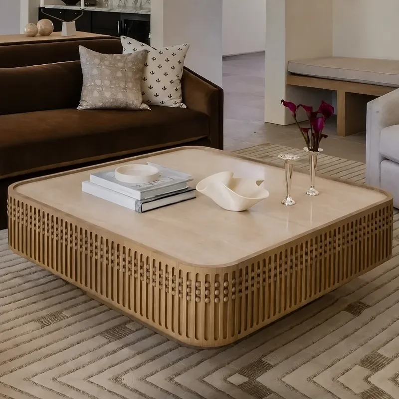 Retro Solid Wood Coffee Table Large Square Tea Table for Living Room Apartment Home Reception Desk