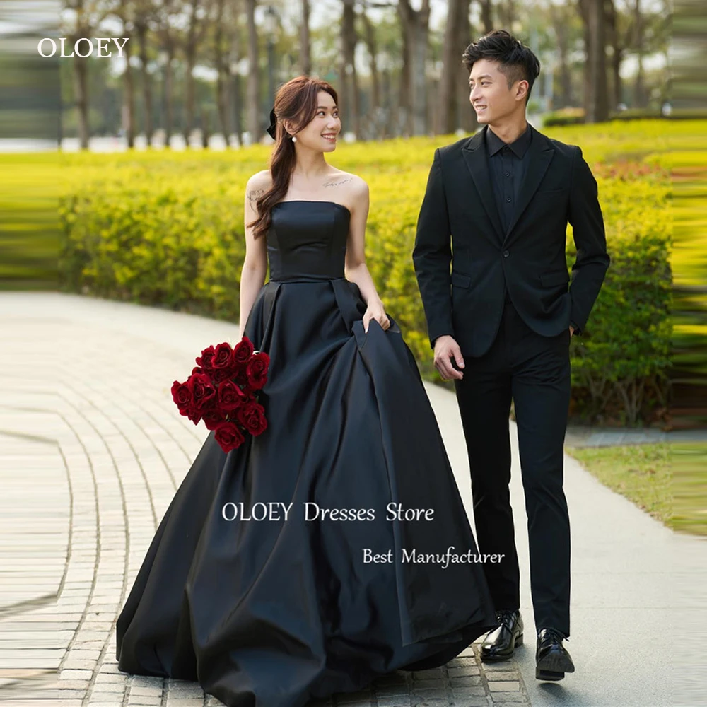 

OLOEY Simple A Line Black Satin Evening Dresses Wedding Photoshoot Party Dress Floor Length Corset Back Prom Gowns Pus Size