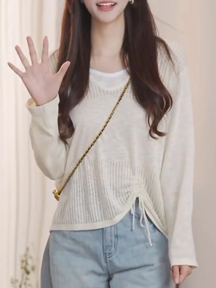 

Женский вязаный топ с длинными рукавами и вырезами, тонкий базовый слой, повседневный, свободного кроя, с V-образным вырезом, не скатывается, цветной