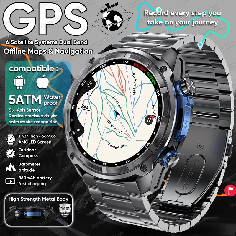 

2025 New GPS Dual Band 6 Satellite Systems Smart Watch Offline Maps&Navigation 5ATM Waterproof&Six-Axis Sensor Military Bracelet