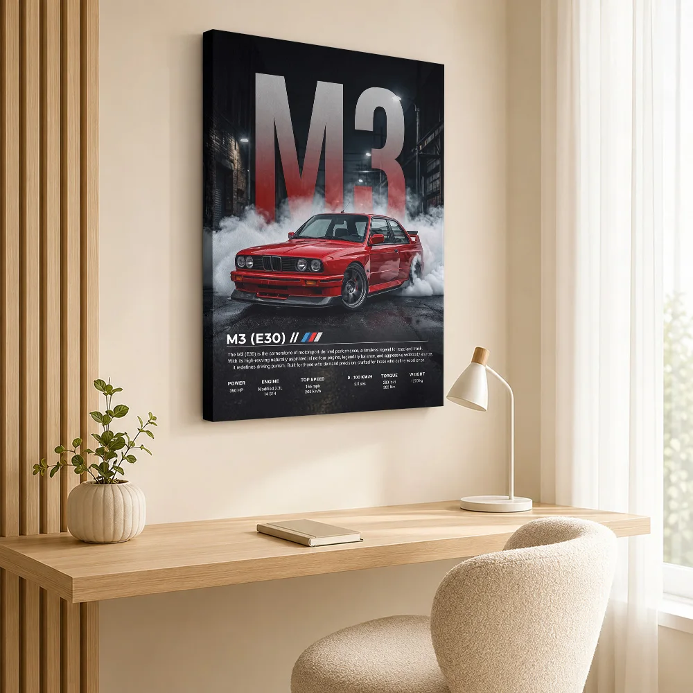 Sleek German M3 E30 Drift Car Canvas Painting Poster Customized Photo Dramatic Lighting Aesthetic Canvas Wall Art Garage Decor
