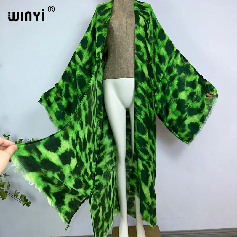 WINYI kimono summer leopard print vestidos Bikini Cover-up Elegant Cardigan sexy Holiday maxi beach swimsuit evening party dress