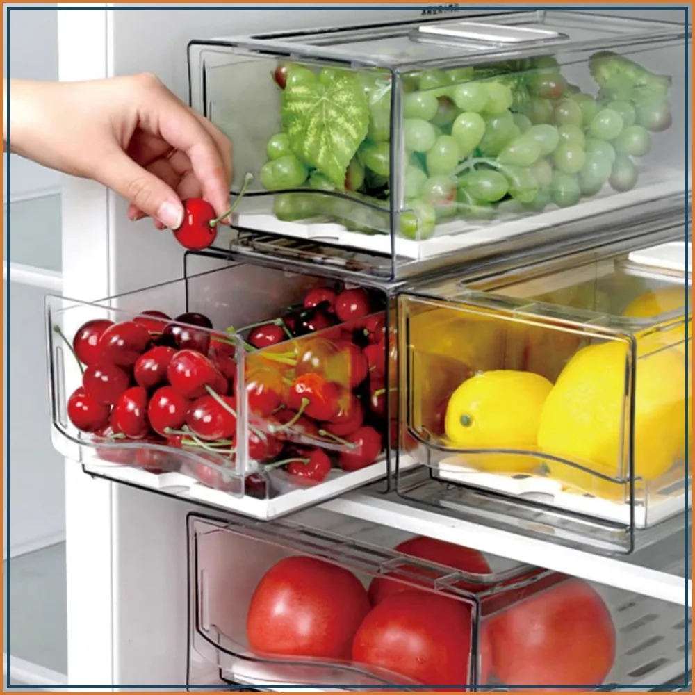 BPA-Free Fruit Storage Containers for Fridge with Strainer, Stackable Clear Pull Out Drawer, 2 Pack