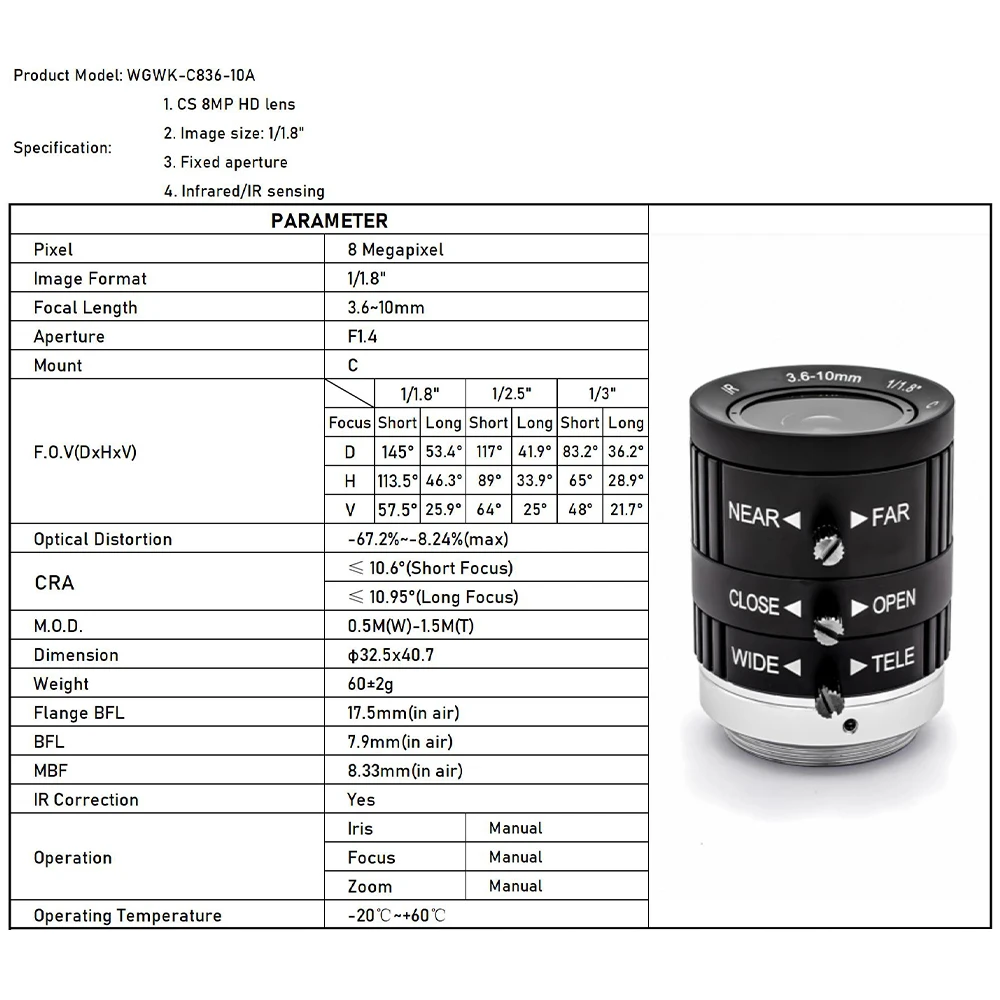 Obiektyw CCTV WGWK 4K 12MP z mocowaniem CS, format 1/1.8", ręczna przysłona, zoom przemysłowy 5-50mm do kamer IP do monitoringu i systemów wizyjnych. — zdjęcie produktu 3