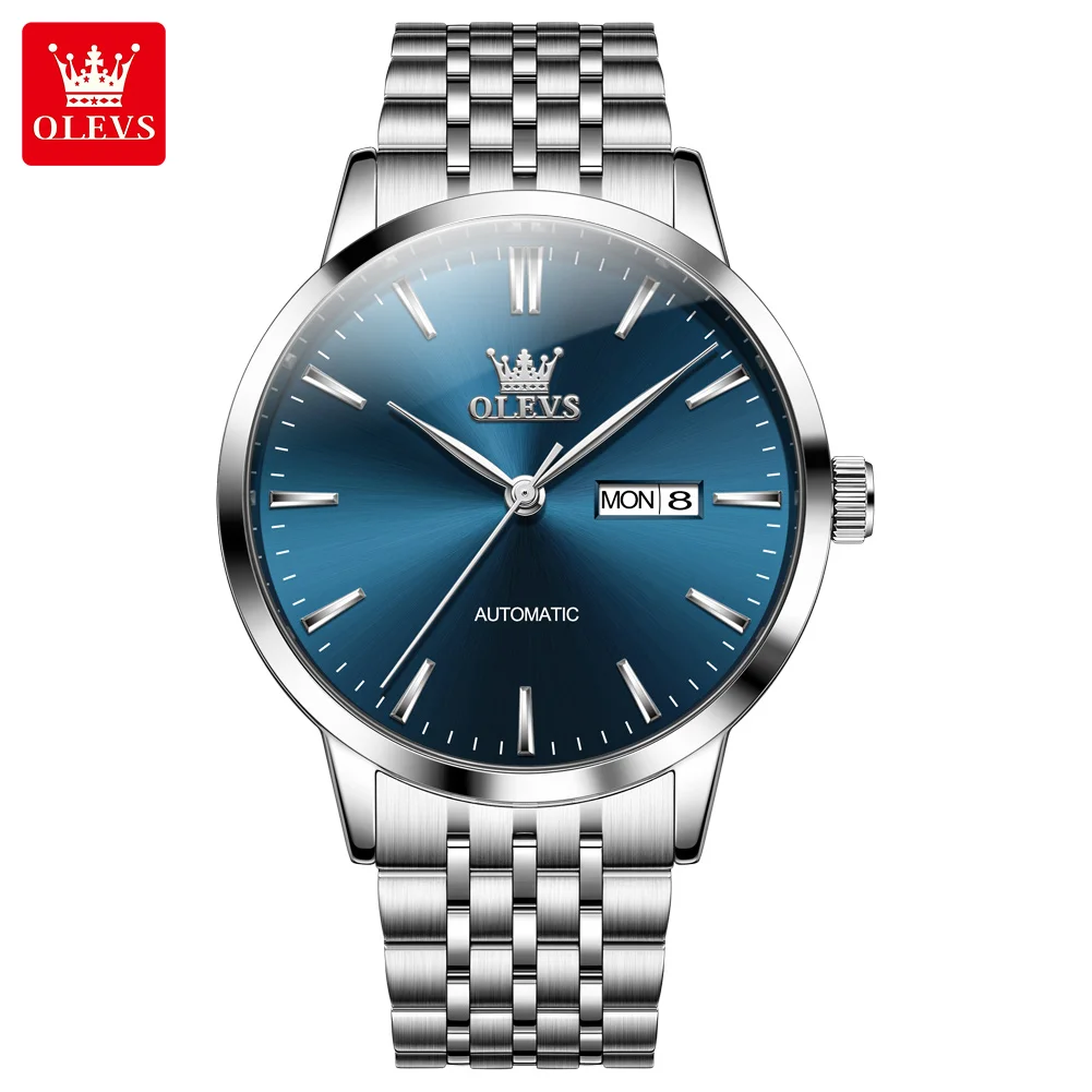 

OLEVS оригинальные серебристо-синие часы из нержавеющей стали, мужские автоматические механические часы, водонепроницаемые спортивные мужские часы relogios