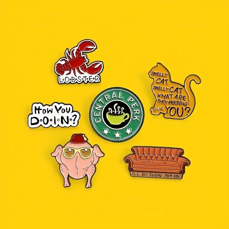 6 Stuks Vrienden Hoe Je Doet Email Pin Custom Stinkende Kat Sofa Kreeft Kalkoen Broche Revers Badge Klassieke Tv Sieraden Cadeau Voor Fans