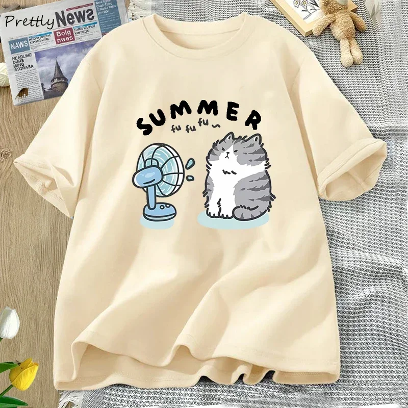 Summer Funny Cat and Fan Graphic T Shirts Women Men  Short Sleeve T Shirt Harajuku Women's Clothing Female Streetwear Tops