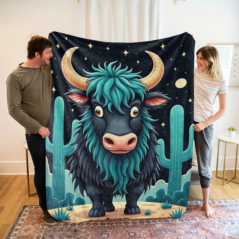 Desert Cactus Starry Highland Yak Graphic Throw Blanket,Soft Sofa,Bed Corner,Reading Nook,Anniversary Western Hobby Gifts