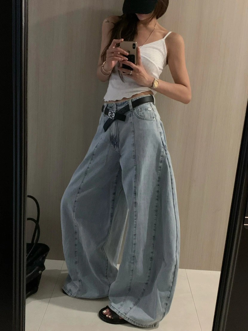 

SML 2025 Summer women High Waist Wide Leg jeans streetwear trousers Loose Light Blue denim pants womens (XHN1817