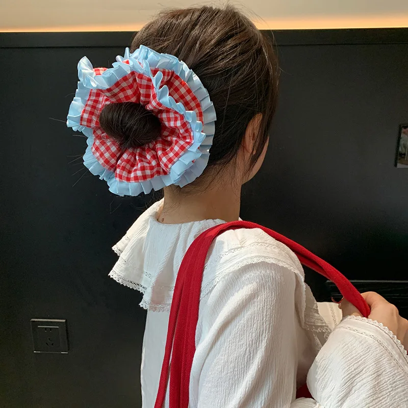 Niedliche Haargummis für Damen, koreanische Version, blauer Haargummi, süßer Stil, rot kariert, Dickdarm-Haargummis, doppellagige Spitzen-Brötchen