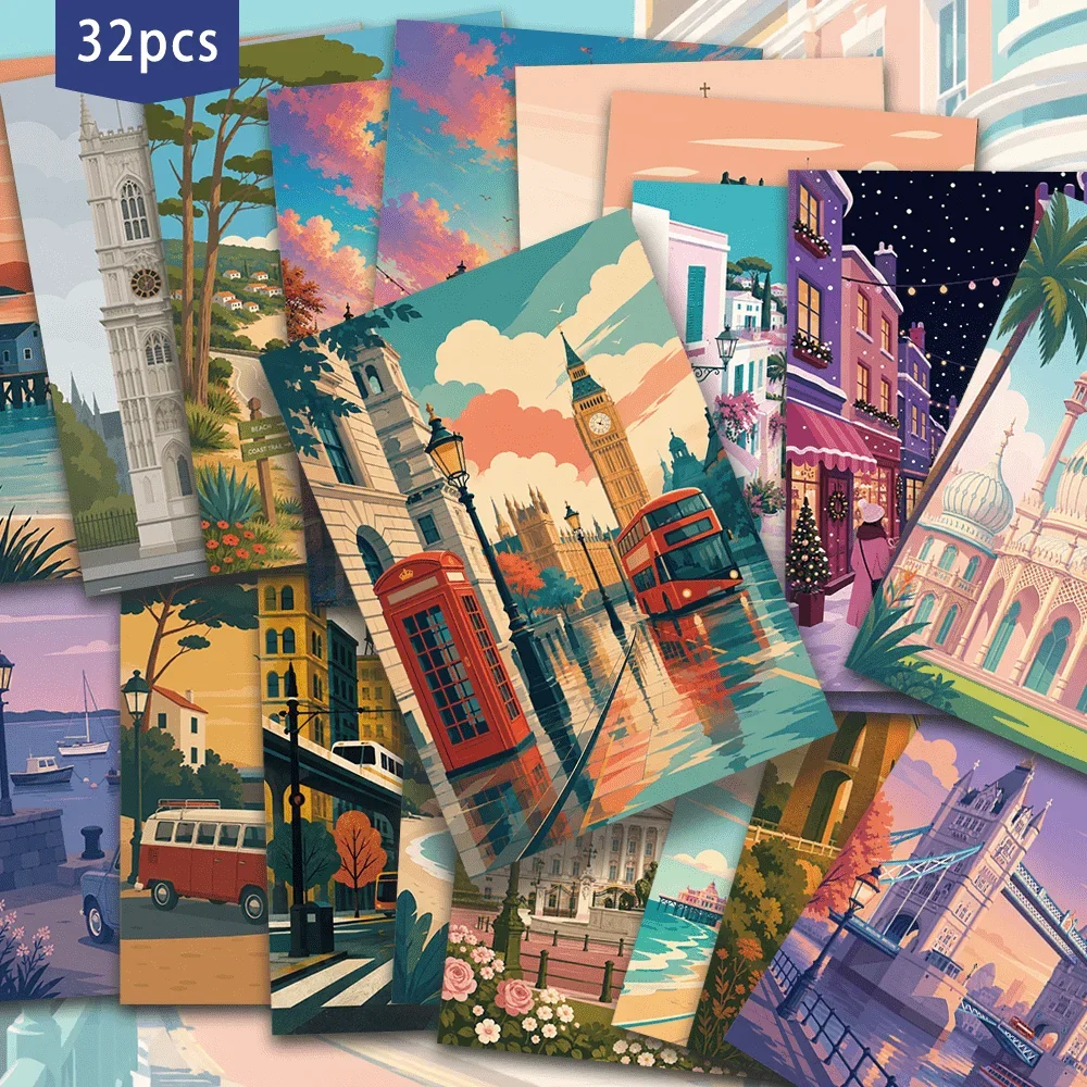 32pcs, vintage British style postcards, wall stickers, mailing cards, greeting cards, DIY postcards, commemorative postcards,