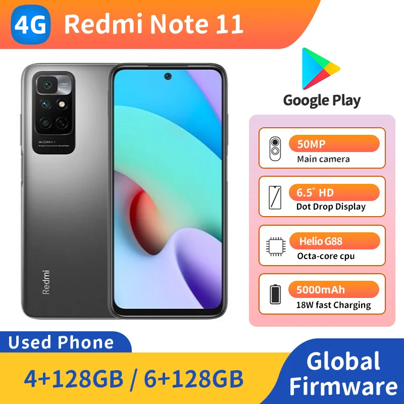 هاتف Redmi Note 11 4G 6.5 بوصة 2400x1080px RAM 6GB ROM 128GB MediaTek Helio G88 5000mAh 50MP مستعمل