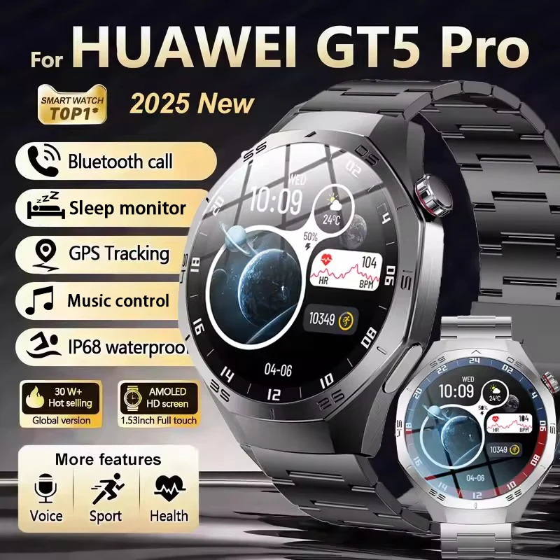 

2025Новинка для Huawei GT5 Pro Смарт-часы Мужчины HD AMOLED Экран GPS Траектория движения Сердечный ритм Bluetooth Вызов 1,52 "SmartWatch IP68