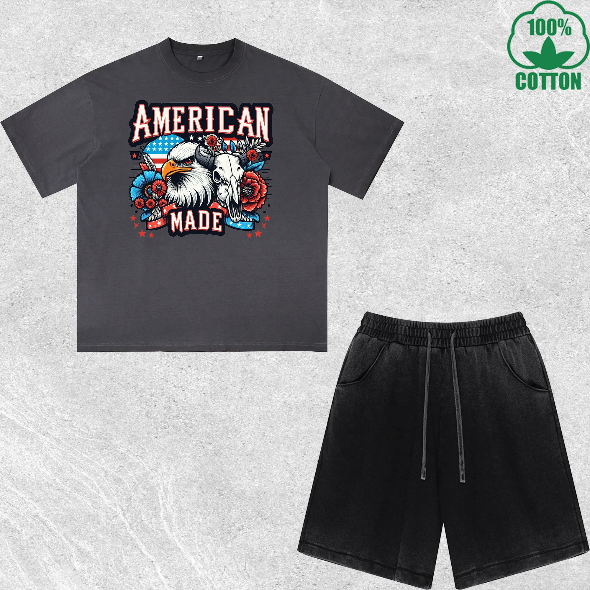 

American Made Printed Dirty Wash T-Shirt Shorts Set Multicolor Combo Loose Trendy 100%Cotton