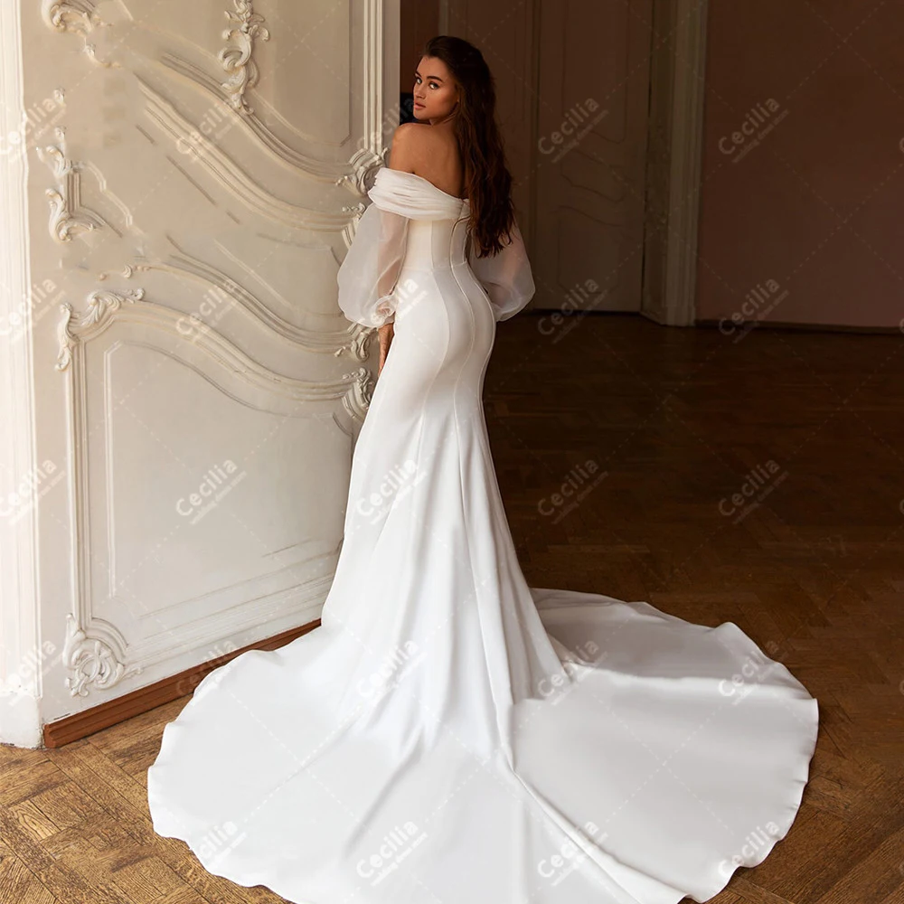 Simple Satin Wedding Dresses Modern Bridal Gowns Off  Shoulder Puff Sleeves Mermaid Glamorous Vestidos De Novia 2025 Customized