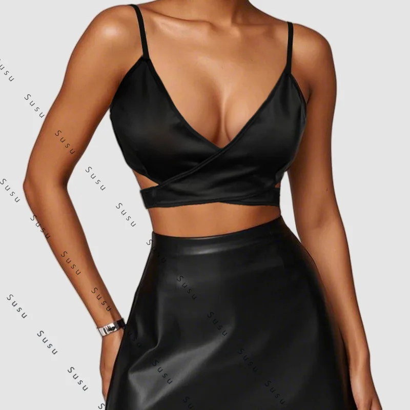 

2025 new European and American women's sexy black women's clothing tube top leather jacket versatile top leather jacket custom p