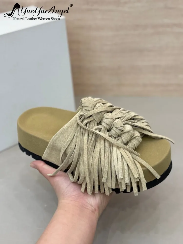 

Women Summer Vintage Tassels Slippers Open Toe Slip On Slides Outside Height Increasing Thick Platform Slippers Retro New Shoes