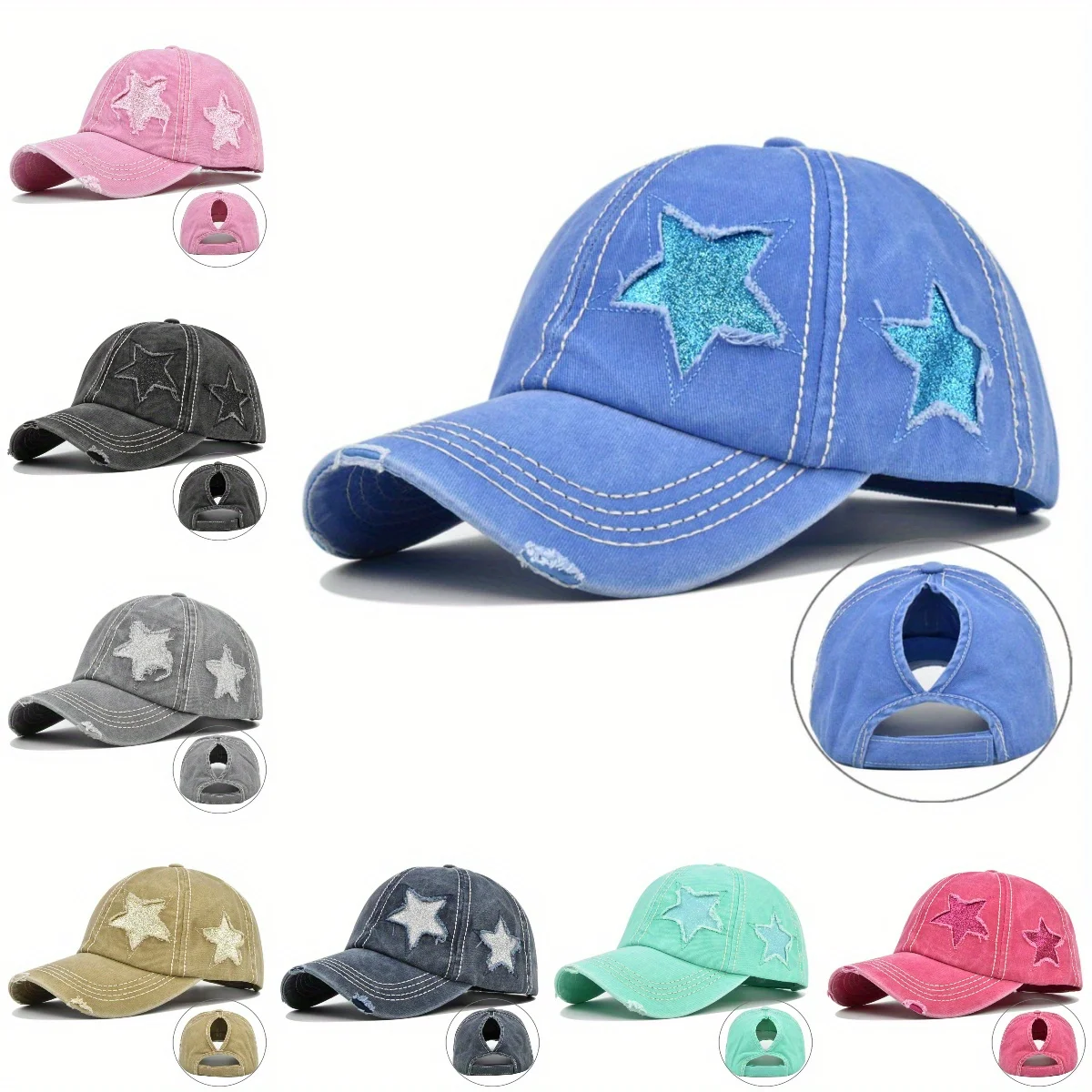 Washed Shabby Solid Colour Baseball Cap Women Girls Ponytail Cap Flash Star Fashion Sun Hat Outdoor Cycling Travel Hikin