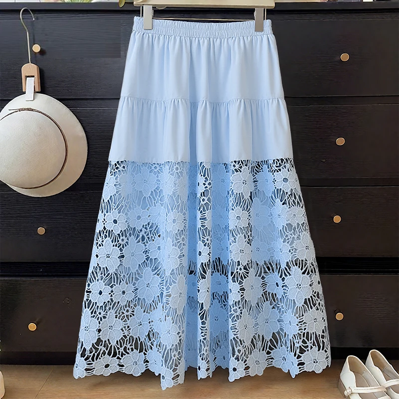 ZANZEA Mode Overrokken 2023 Herfst Vrouwen Kant Patchwork Maxi Rokken Casual Hoge Taille Lange Faldas Elegante Ruche Lange Bodem