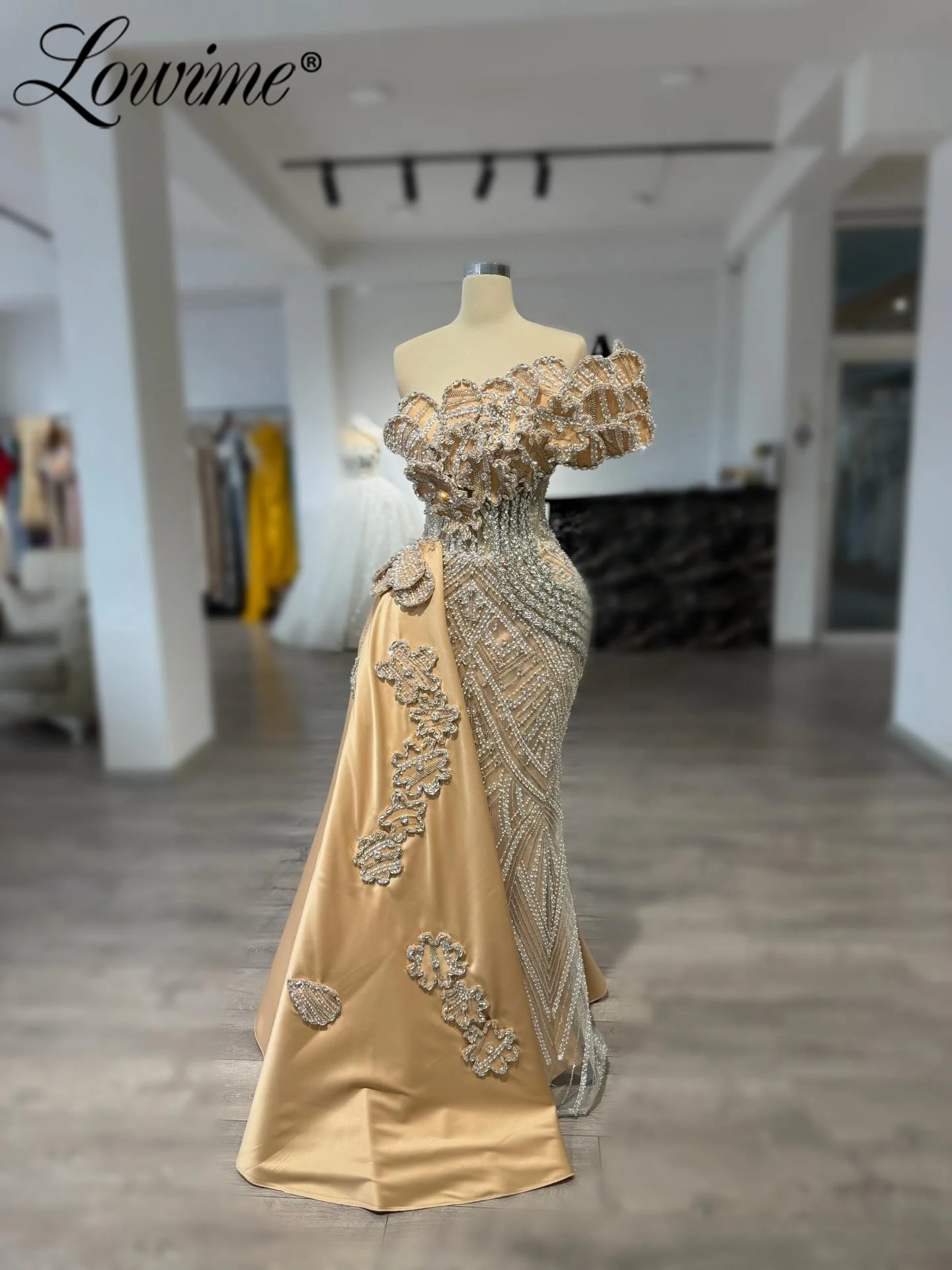 

Gold Off Shoulder Arabic Evening Dresses With Overskirt Mermaid Beaded Crystals Long Prom Events Party Dress Gown Customized