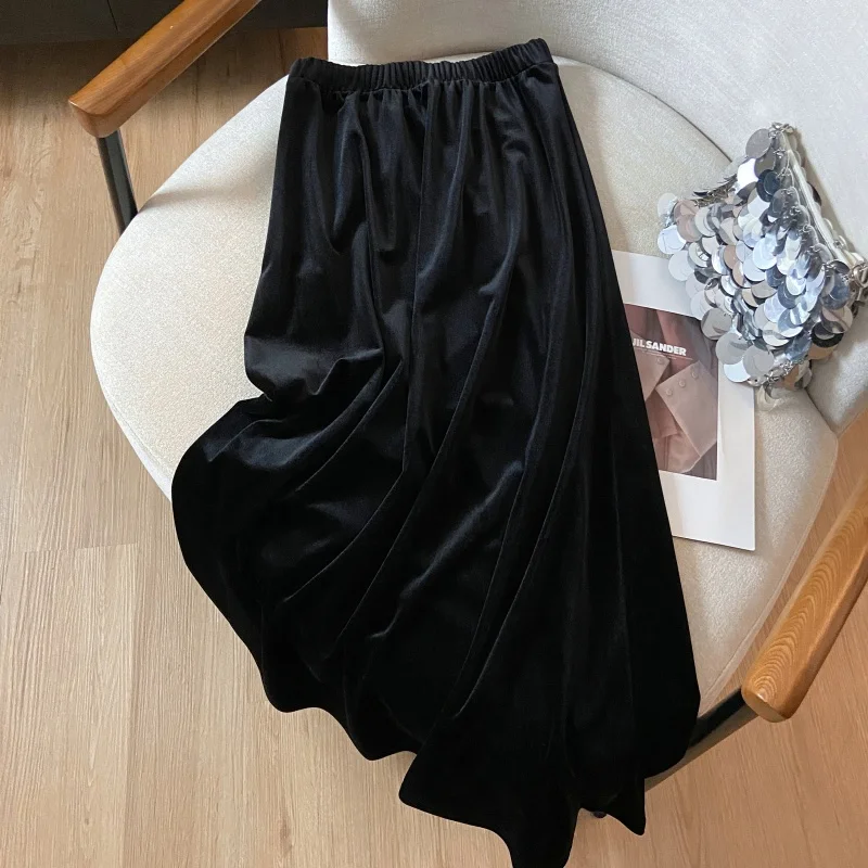 Herfst Winter Fluwelen Rok Vrouwen Werkfeest Lange Rok Zwarte Dikke Elastische Hoge Taille A-lijn Midi