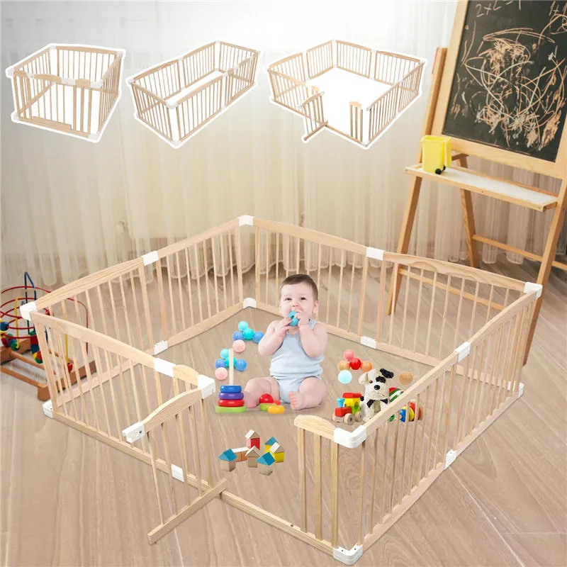 Natural wooden baby fence, foldable wooden fence, toddler activity area with educational panel