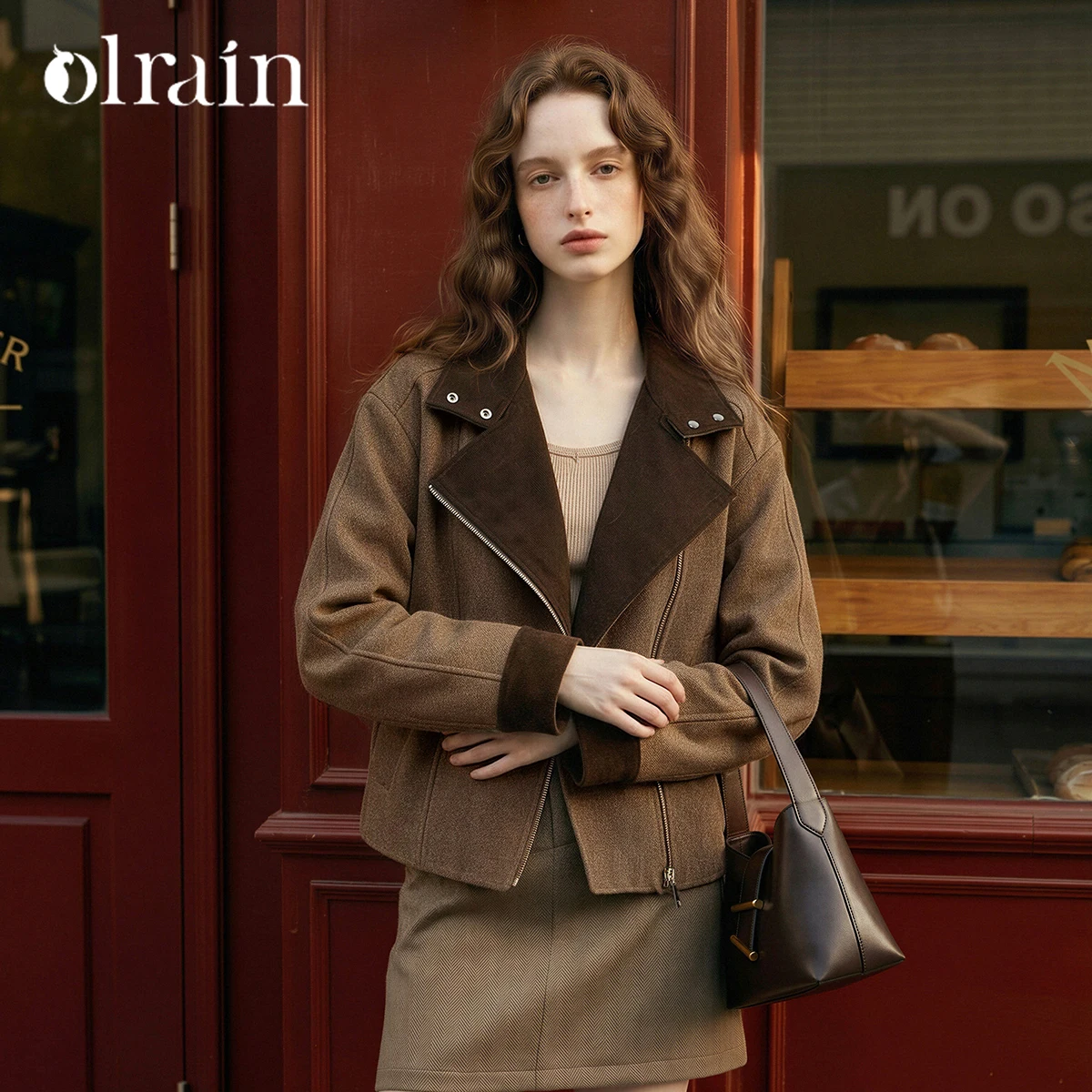 OLrain Lapel Jacket Women's Clothing 2026 Autumn And Winter New Contrasting Color Casual Coffee Zipper Short Jacket GO58QW010690
